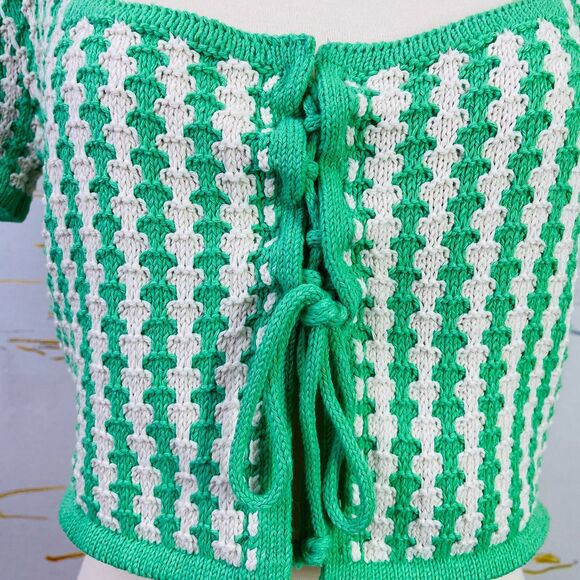 Zara Cropped Knit Blouse Medium Green White Pattern Cropped Knit Tie Front S/M - Picture 3 of 12